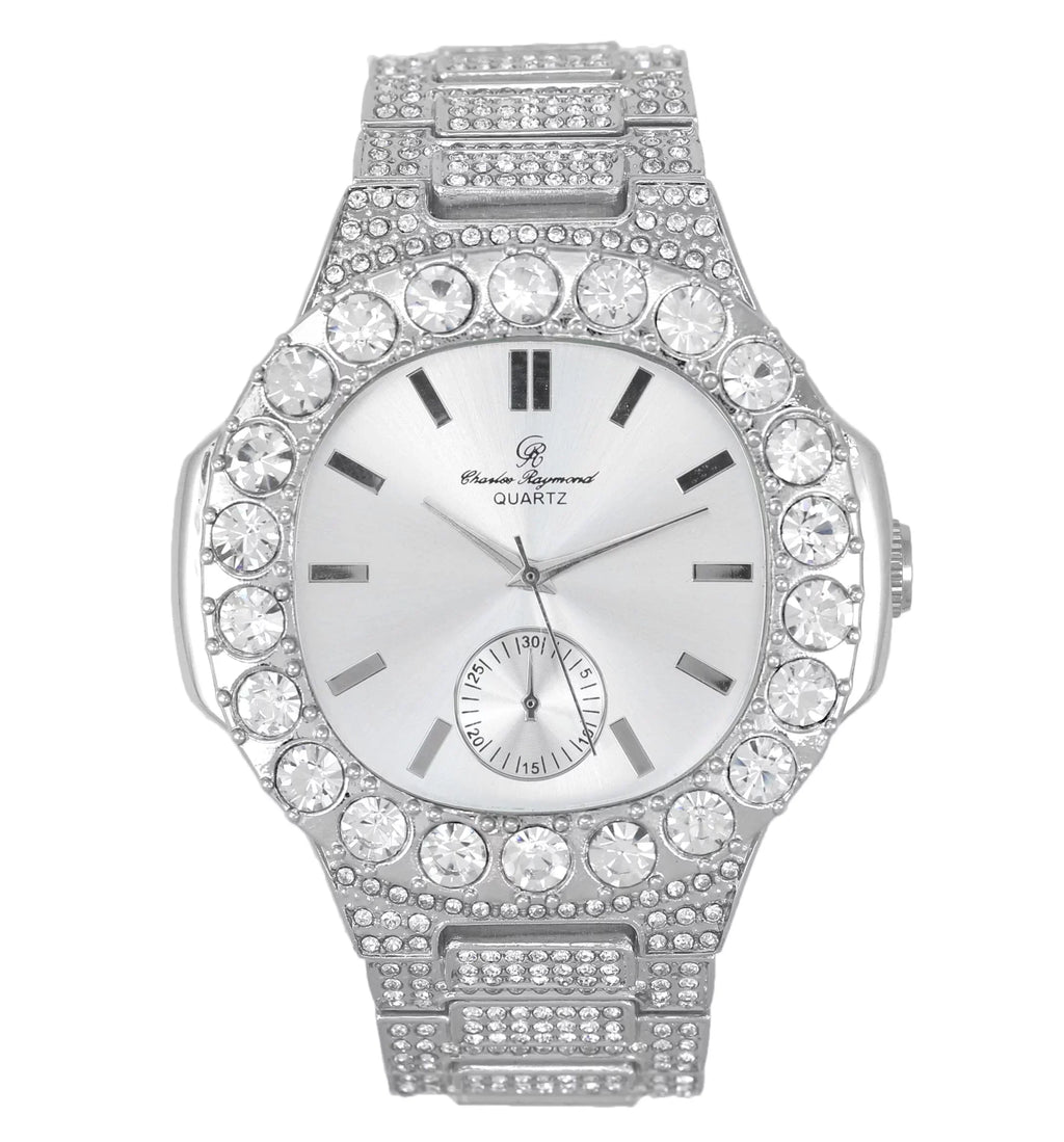 Bigger is Better Oversized Diamonds or Baguette Diamonds for The Luxurious King. Your Style!! Your Choice!! - Bling-ed Out Oblong Metal Mens Watch - ST10316CE (Silver Silver)