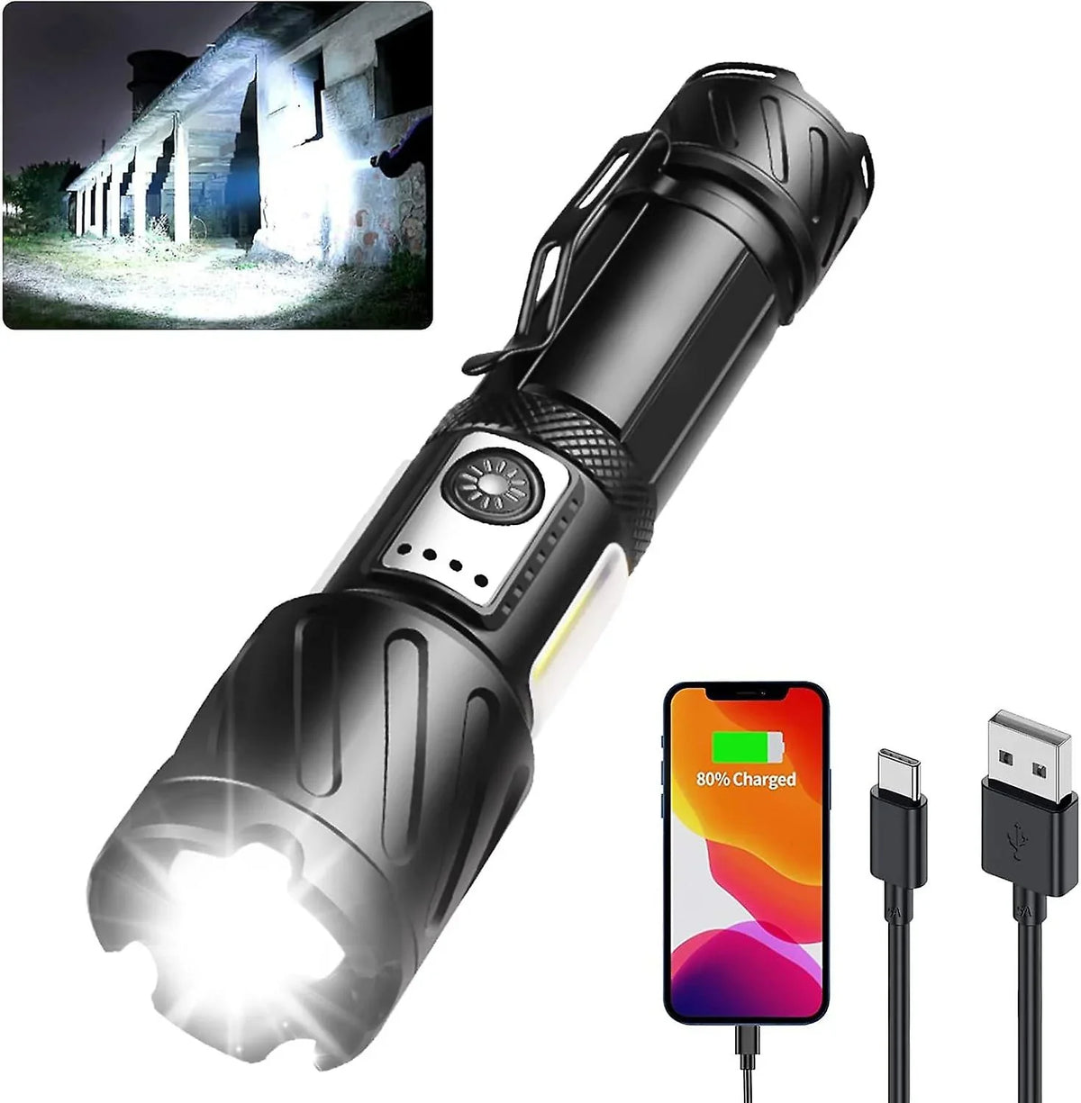 Torch, Rechargeable Flashlight 15000 High Lumen Super Bright Torch, Tactical Flashlight, 6 Modes With 2 Cob Light, Adjustable Zoomable, Magnetic Liquid