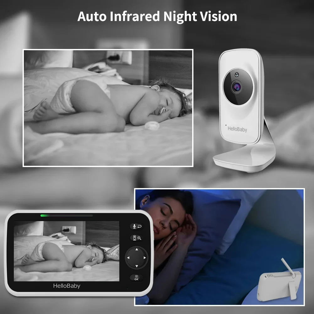 Video Baby Monitor with Camera and Audio, 5" Color LCD Monitor HelloBaby Monitor Camera, Infrared Night Vision, Temperature Display, Lullaby, Two Way Audio and VOX Mode 5 inches