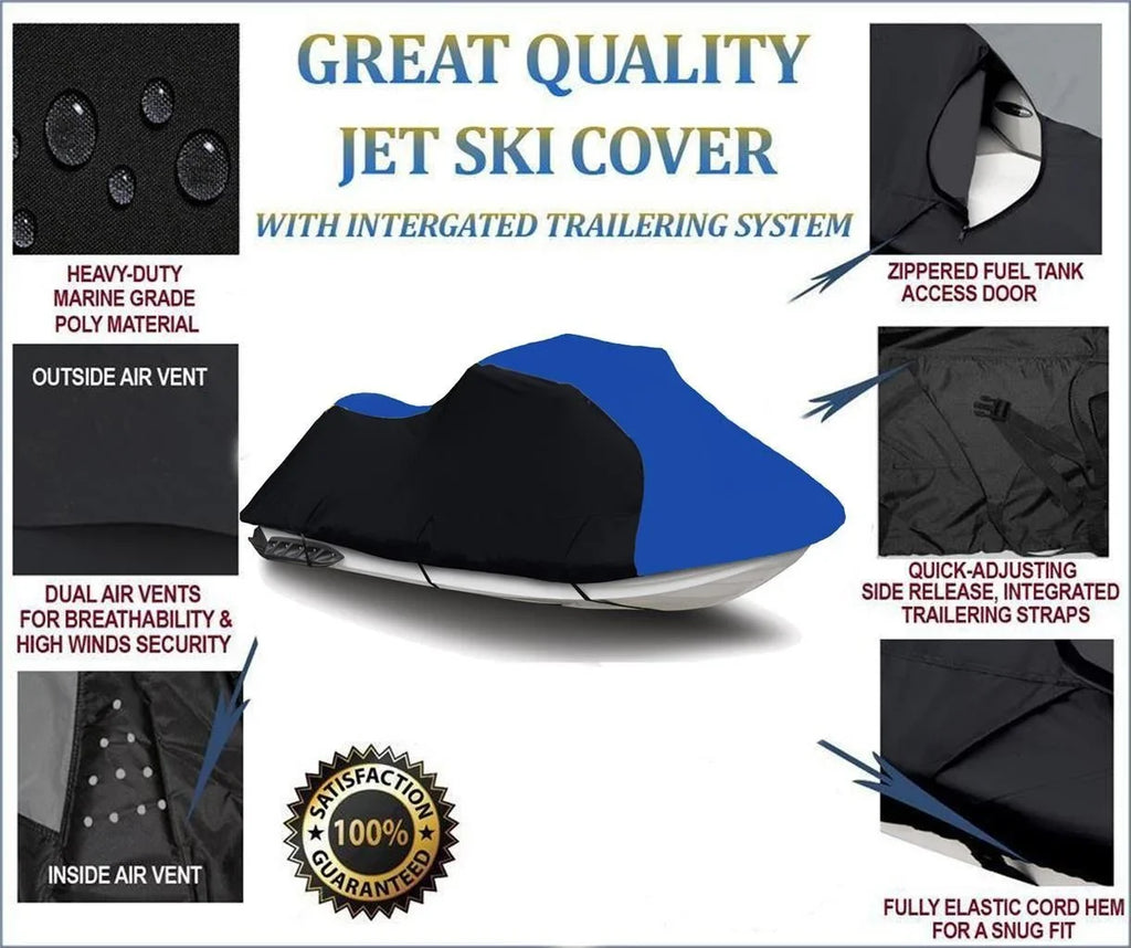 BLACK / BLUE HEAVY-DUTY, 600 DENIER Cover Compatible for Kawasaki ULTRA LX 2007 2008 2009 2010 2011 2012 2013 2014 2015 2016 2017 2018 2019 2020 2021 2022 / ULTRA 250X 2007 2008 Jet Ski Cover