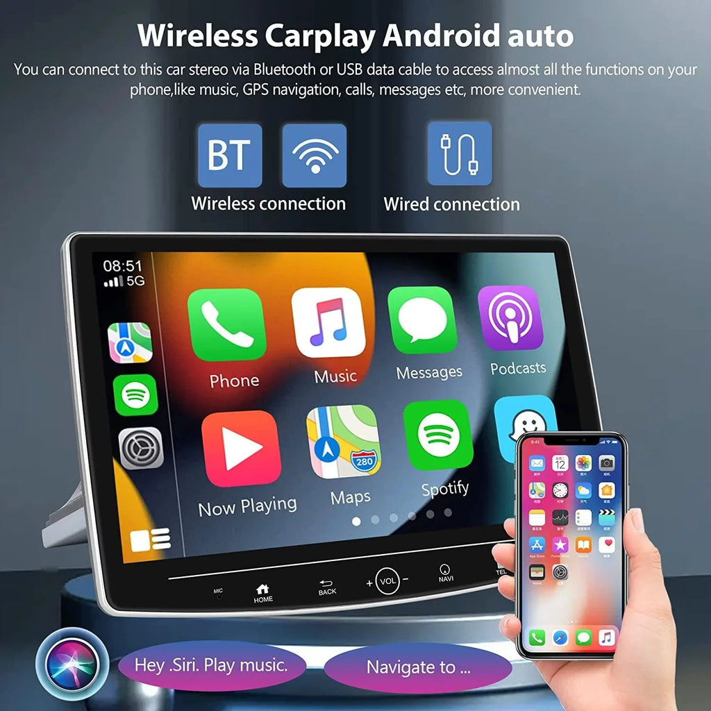 Podofo 2+32G Single 1 DIN 10.1'' Touch Monitor Car Stereo Radio Wireless Carplay Android Auto Android 11 HD Bluetooth USB Cable FM Audio WIFI GPS USB HIFI,with Microphone&Backup Camera