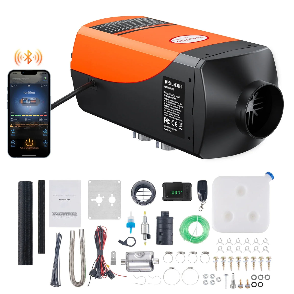 SKYSHALO Bluetooth App Control Diesel Air Heater, 12V 5KW Diesel Heater with Automatic Altitude Adjustment, Remote Control and LCD, Diesel Parking Heater for RV Trailer Camper Van Boat And Indoors