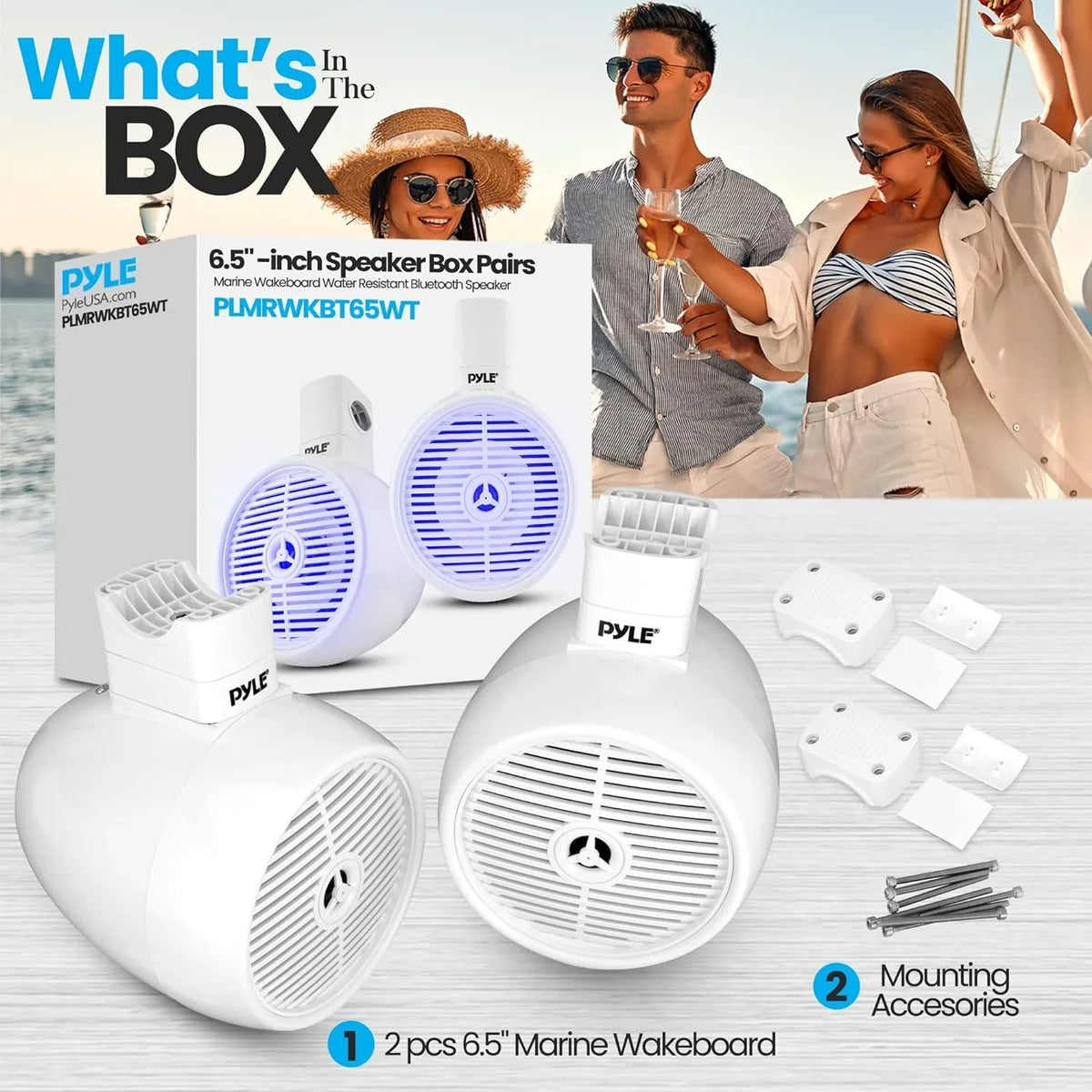 6.5" Marine Wakeboard Liquid Resistant Bluetooth Speaker - Single 2-Way Mini Box Speaker System with Built-in LED Lights, White PLMRWKBT65WT