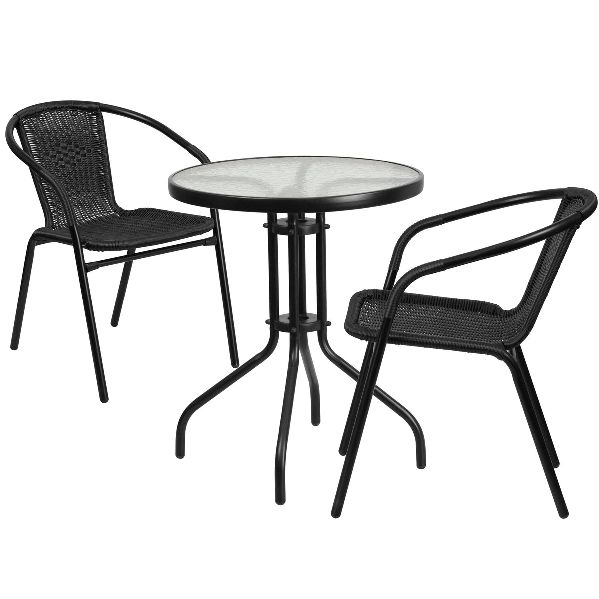 Flash Furniture 23.75" Round Glass Metal Table with 2 Rattan Stack Chairs - 23.75"W x 23.75"D x 28"H - 23.75"W x 23.75"D x 28"H