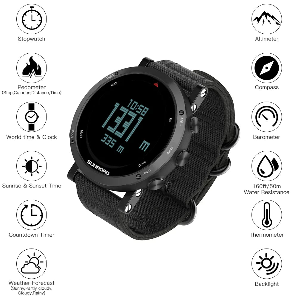 SUNROAD Barometer Altimeter Compass Thermograph Weather Forecast Men Watch 50meters Fluid Multifunctional Sports Watch for Mountaineering Running Trekking Camping