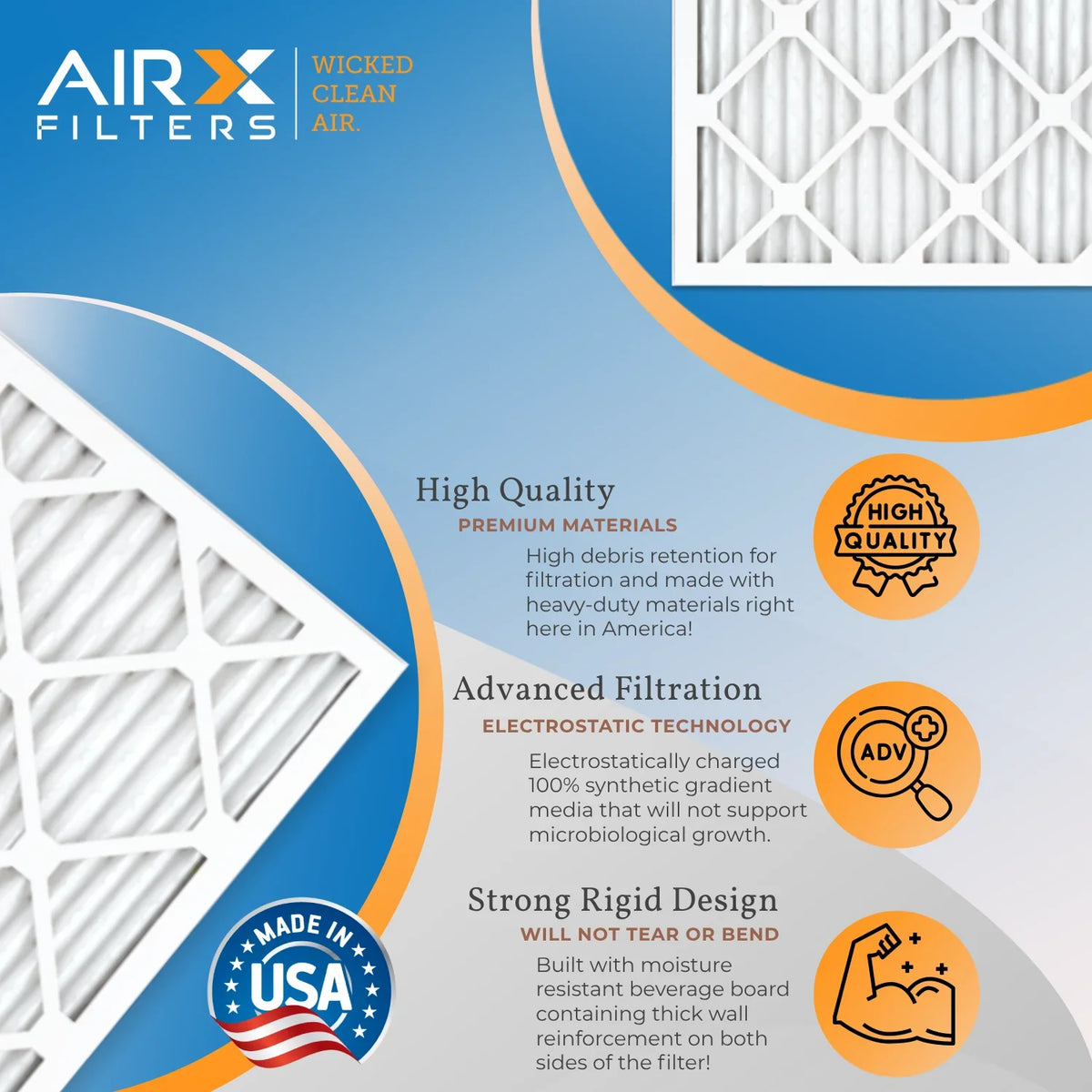 16x25x1 Air Filter MERV 8 Rating, 12 Pack of Furnace Filters Comparable to MPR 700 & FPR 5 - Made in USA by AIRX FILTERS WICKED CLEAN AIR.