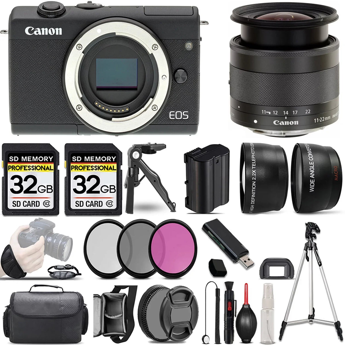 EOS M200 Mirrorless Camera (Black) +11-22mm f/4-5.6 IS STM Lens +3 PC Filter +64GB